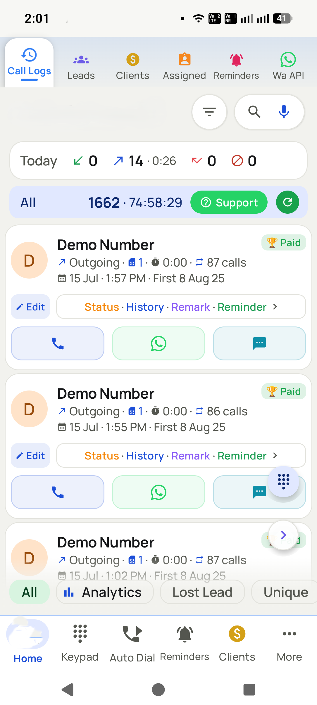 The app's call log, with every number linked to a customer